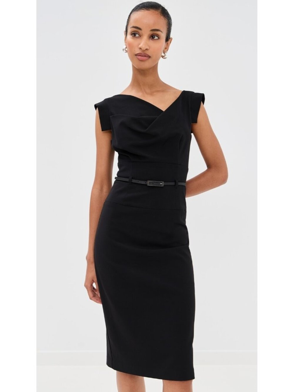 NWT Black Halo Jackie in Black Stretch Gabardine Belted Sheath Dress 2 $375